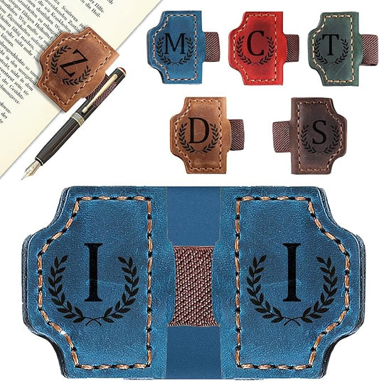 Bygone Mark Bookmark with Pen Holder, 26 Letters Name Initial Personalized Magnetic Bookmarks, Leather Book Mark for Men Women, Travelers Accessories, Teachers Readers Book Lovers Gifts (Blue, I)