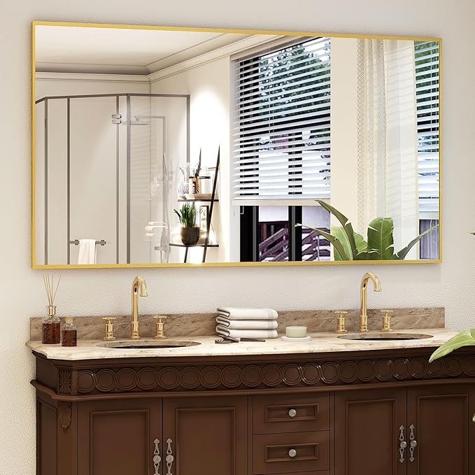 Full Length Mirror with Stand 34"x76" Full Body Mirror Floor Mirror Standing Hanging or Leaning Wall, Wall Mirror with Stand Aluminum Alloy Frame for Living Room Bedroom Cloakroom,Gold