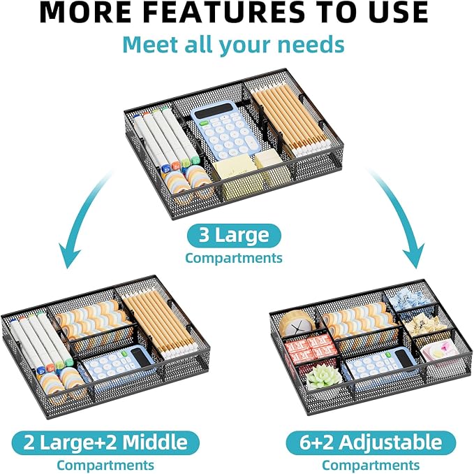 Marbrasse 2 Pack Desk Drawer Organizer, Mesh Drawer Organizer Tray with 8 Adjustable Compartments, Desk Organizers and Accessories, 5 Dividers Drawer for Office Supplies, Makeup & Vanity (Black)
