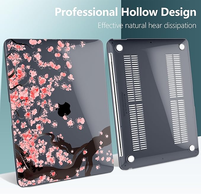 DONGKE MacBook Case for MacBook Air 13 inch M1/A2179/A1932, Crystal Black Hard Shell Cover with Cherry Blossom Pattern, Touch ID & Retina Display Compatible