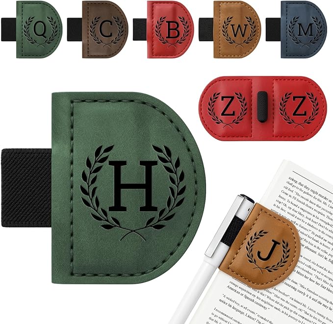 Personalized Bygone Mark Bookmark with Pen Holder,Engraving Leather Magnetic Bookmarks Vintage 26 Letters Name Initials Text Book Marker Clips Gifts for Reading Book Lovers Women (Green, H)