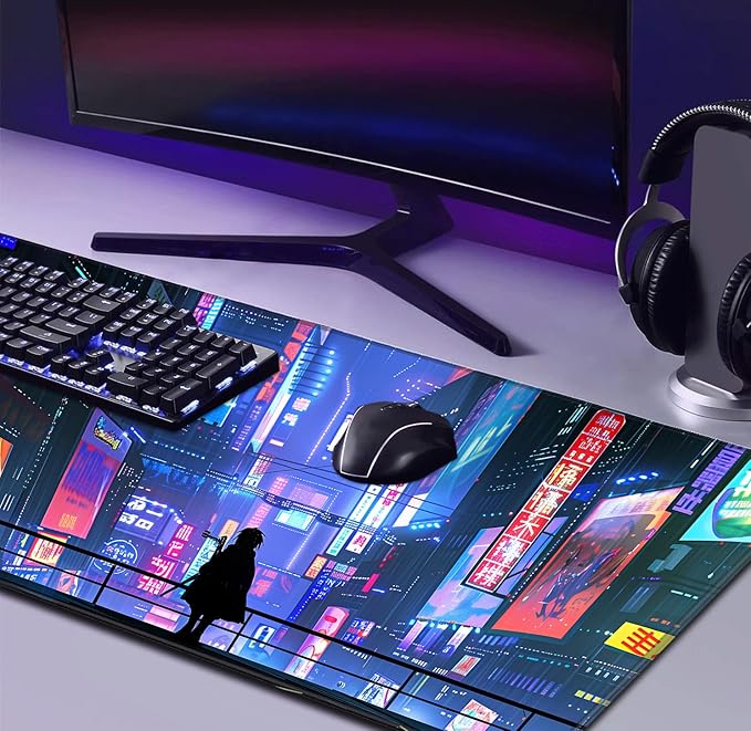 Tokyo Street Cute Large Gaming Mouse Pad, Purple Blue Anime City XXL, 35.4L x 15.7W inches, Fabric, Polyvinyl Chloride, Office Products