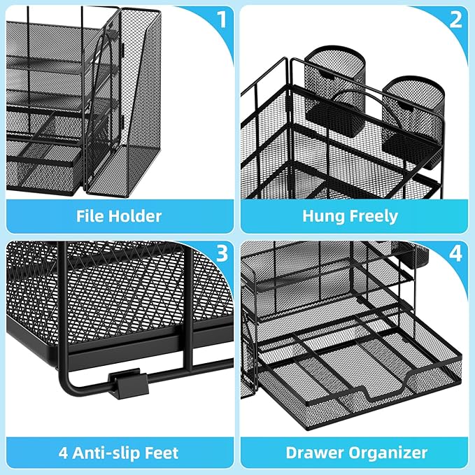 Marbrasse Desk Organizer and Accessories，4-Tier Paper Letter Tray Organizer with File Holder, Desk Accessories & Workspace Organizers with Drawer and 2 Pen Holder (Black, 15.4" x 9.1" x 8.3")