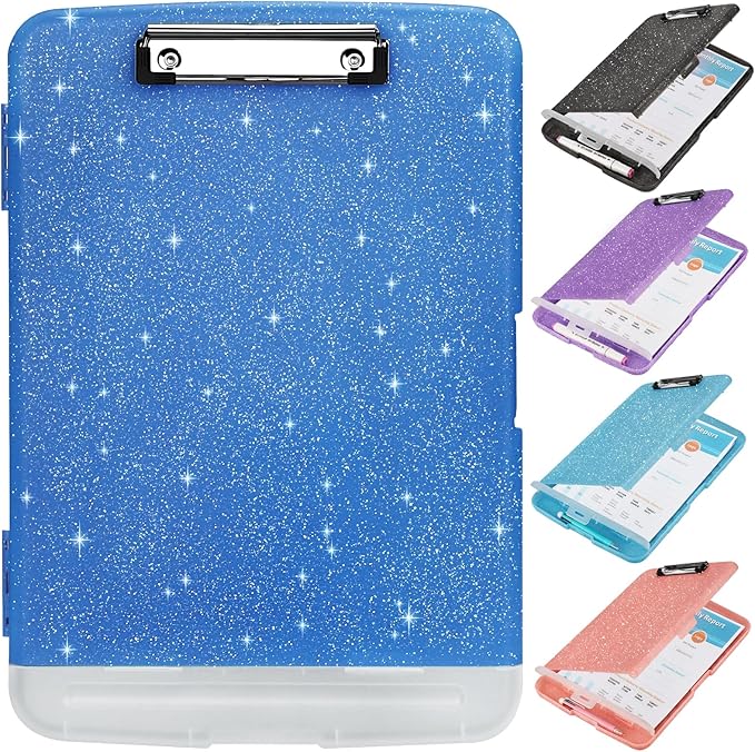 Glitter Clipboard with Storage,Storage Clipboard with Pen Holder,A4 Binder Clip Boards 8.5x11 with Low Profile Clip,Side Opening Sparkle Clipboards, Clipboards Folder for Office Supplies-Starsky Blue