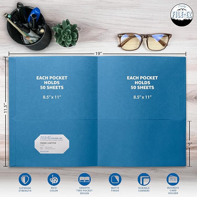 FILE-EZ Two-Pocket Folders, Light Blue, 25-Pack, Textured Paper, Letter Size (EZ-32520)