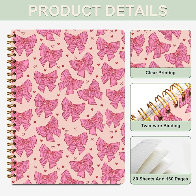 2 PCs Pink Bow Spiral Notebook Trendy Preppy Journaling Notebooks Cute Aesthetic Design Gifts for Women Teen Girls Note Books Journals for Writing Hardcover Notebook Office Classroom Supplies