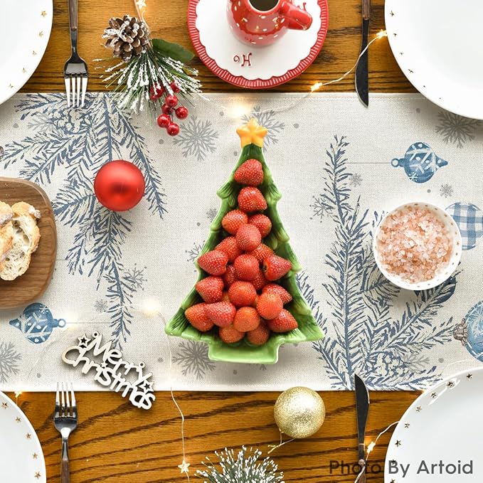 Artoid Mode Blue Pine Trees Merry Christmas Table Runner, Winter Xmas Holiday Kitchen Dining Table Decoration for Home Party Decor 13x120 Inch