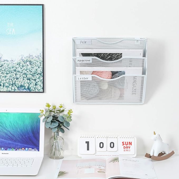 PAG Hanging Wall File Holder Mail Organizer Wall Mount Document Letter Rack, 3-Tier, White