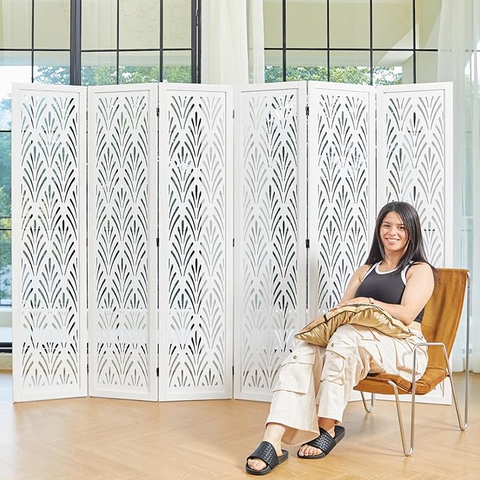 5.6Ft Room Divider Folding Wood Simple Carved Partition Screen for Home Office Garden - 6 Panels (White)