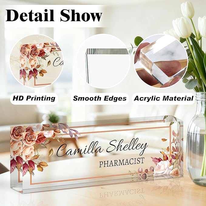 Ship Next Day-Custom Name Plate for Desk, Desk Name Plate Personalized, Acrylic Office Desk Accessories, Appreciation Gifts for Coworkers Employee Teachers Boss Women Men (Rose)