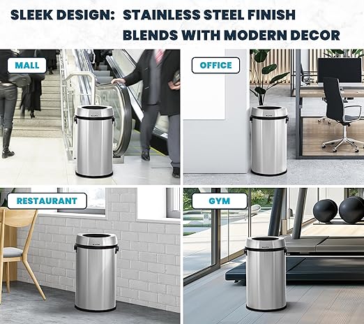 Alpine 17 Gallon Stainless Steel Open Top Trash Can – Commercial-Grade, Corrosion-Resistant, Brushed Finish, Large Capacity Garbage Bin for Home, Office, Restaurant & High-Traffic Areas.