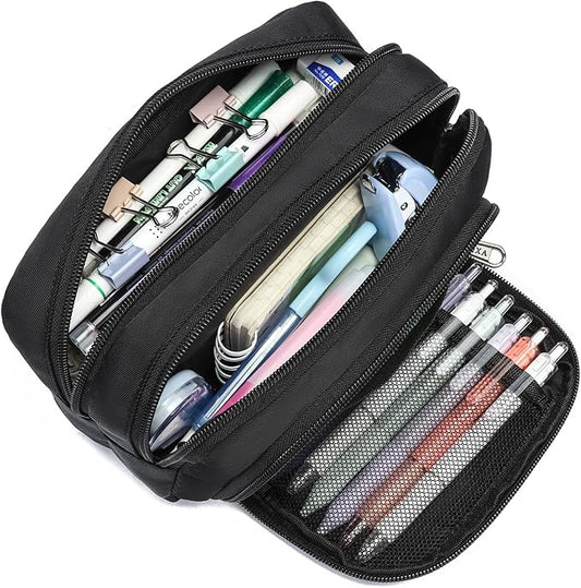 XQXA Pencil Pouch Large Capacity Pencil Case Organizer, Multifunctional Pen bag with 3 Compartmens, Big Pencil Bag for Office Travel Men Women Adult (01-Black)