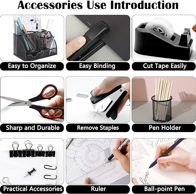 Black Office Desk Accessories Supplies, 12pcs Desk Organizers and Accessories with Tape dispenser and Stapler,Staples,Staple Remover,Pen Holder,Scissor,Ruler,Sticky Tabs,Tape,Ballpoint Pen,Clips Set