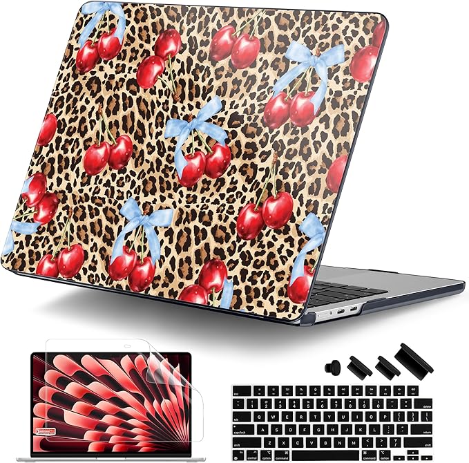 DONGKE Compatible with M4 MacBook Air 15 inch Case 2025-2023 A3241 A3114 A2941 M3 M2 Retina Display Touch ID, Plastic Hard Case & Keyboard Skin for MacBook Air 15" - Leopard Cherry