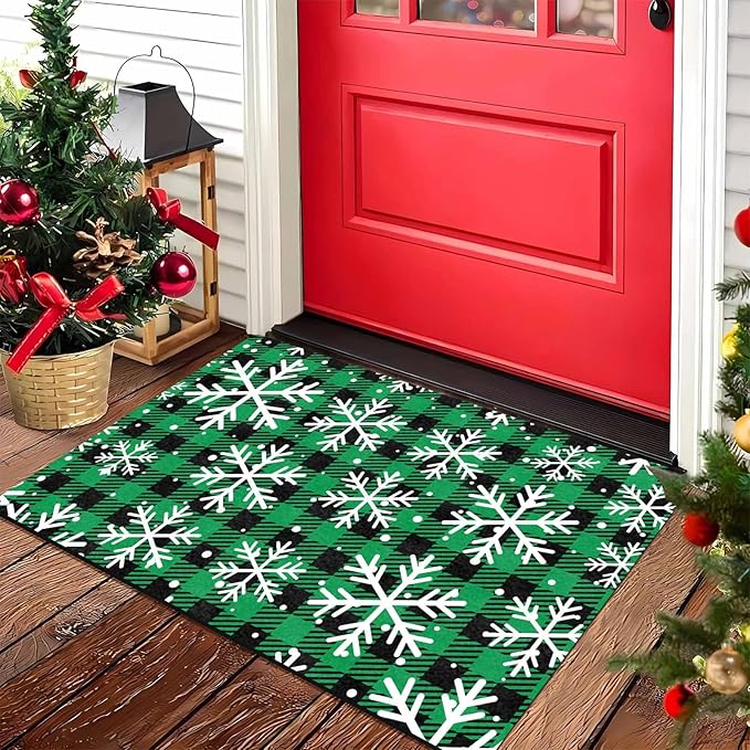 Merry Christmas Door Mat Xmas Snowflakes Doormat Non Slip Rubber Entry Front Porch Rugs Green Plaid Welcome Mats for Christmas Indoor Outdoors, 16" x 24" Inch