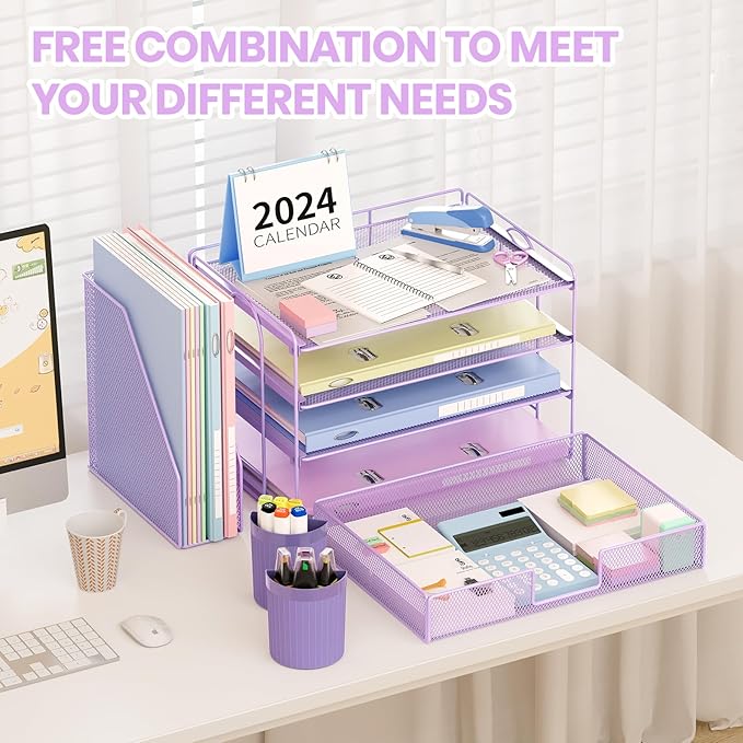 OPNICE Desk Organizer and Accessories, 4-Tier Desktop File Organizer with Drawer and 2 Pen Holders, Office Desk Accessories, File Sorters, Workspace Organizers for Office Supplies(Purple)