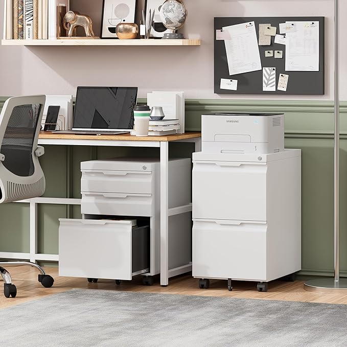 3 Drawer Mobile File Cabinet with Lock,Under Desk Metal Filing Cabinets with Wheels for Home Office Organizer Letters/Legal/A4(Easy Assemble-White)