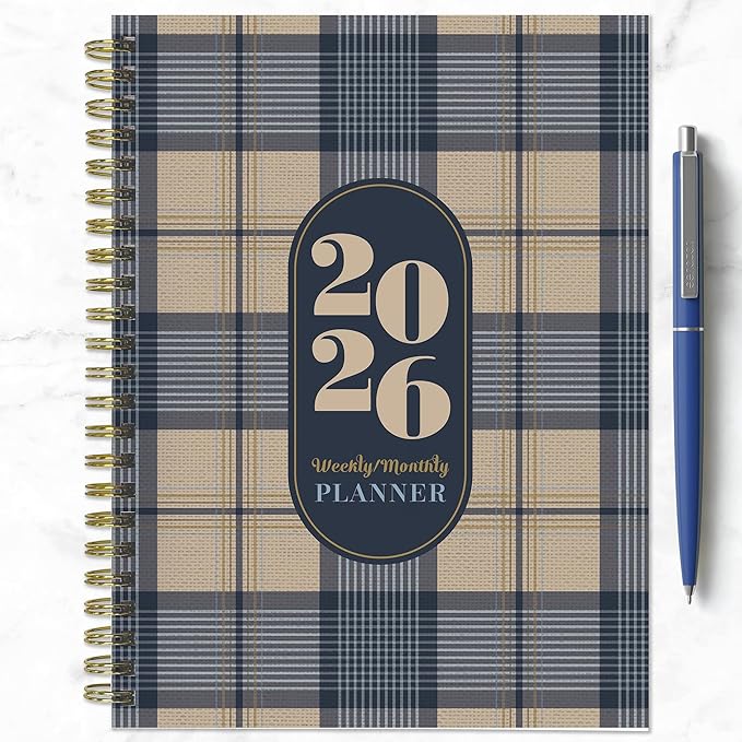 TF Publishing 2026 Classic Plaid Medium Weekly Monthly Planner with 12-Month Calendar Grid, Notes, and Priorities Section - Weekly Schedule Planner with Habit Tracker and Stickers - 6.5in x 8in