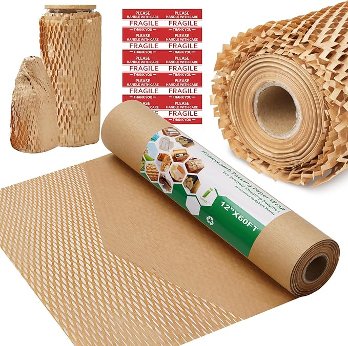 Honeycomb Packing Paper Wrap 12"x60' Recycled Bubble Cushioning Wrap Roll Eco Friendly Shipping Boxes Moving Wrap Packing Supplies Material with 10 Fragile Sticker Labels