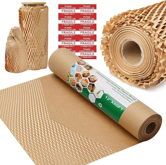Honeycomb Packing Paper Wrap 12"x60' Recycled Bubble Cushioning Wrap Roll Eco Friendly Shipping Boxes Moving Wrap Packing Supplies Material with 10 Fragile Sticker Labels