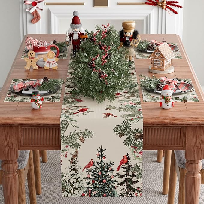 XCHI Cardinal Birds Winter Pine Tree Christmas Xmas Table Runner Table Decoration for Home Kitchen Dining Holiday Decor 13x108 Inch