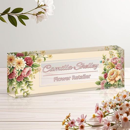 Ship Next Day Personalized Name Plate for Desk, Custom Acrylic Desk Name Sign, Office Appreciation Gifts for Women Men Coworkers Boss Teacher Employee (Flower-Rose)