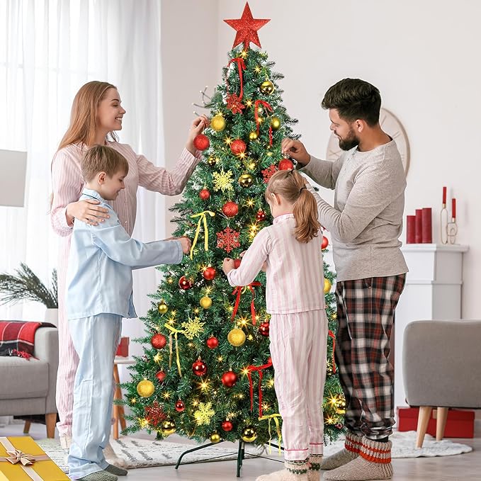 86Pcs Led Light Red and Gold Christmas Tree Decorations Set 100 Led Light Christmas Star Trees Topper with String Lights Xmas Balls Snowflakes Ornaments Bows Xmas Trees Decor 20m Light String