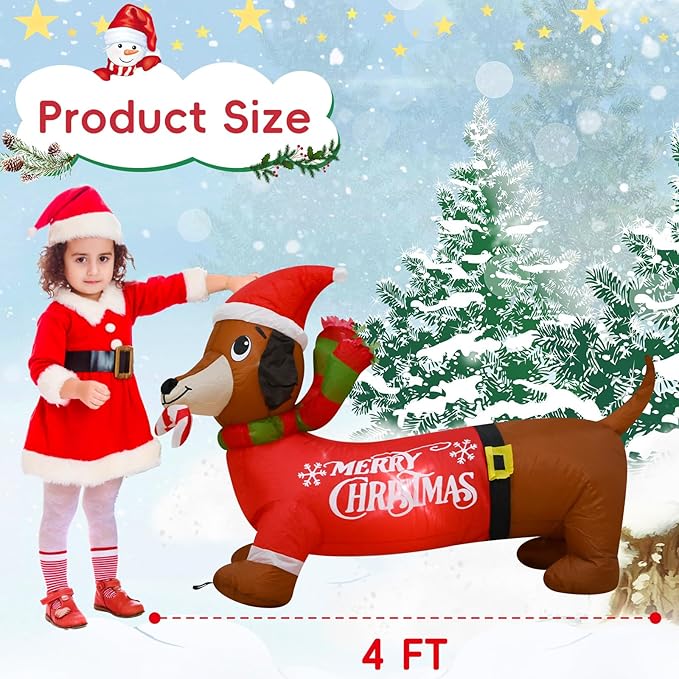 4FT Christmas Inflatable Dog Decoration with Built-in LEDs Christmas Sausage Dog Blow up Indoor Outdoor Garden Yard Lawn Party Patio Decor