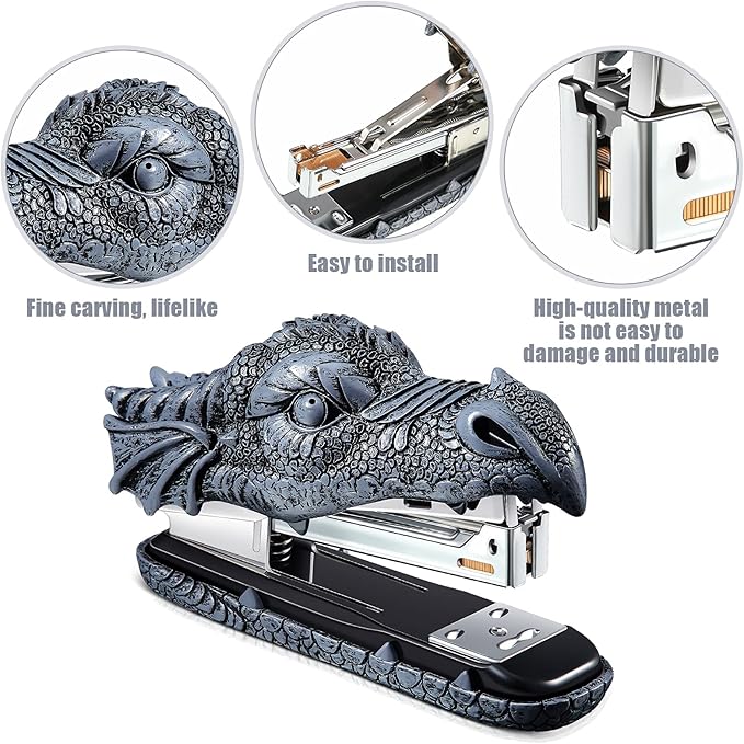 Pajean Dragon Stapler with 2000 Staples, Dragon Head Stapler Novelty Stapler Funny Carving Resin Faucet Stapler for Office Desk Stationery Desktop Accessory Home Decor(Grey)