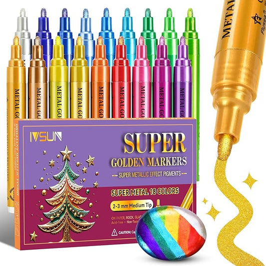 IVSUN Super Golden Metallic Markers, 18 Colors Glitter Acrylic Paint Pens for Black Paper, Fabric, Rock Painting, Glass, Wood, Scrapbooking, Photo Albums, Card Making, DIY Crafts Supplies