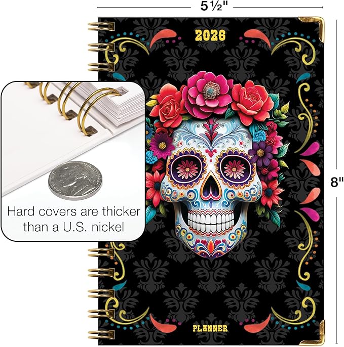 HARDCOVER 2026 Planner, 5.5"x8": 14 Months (November 2025 - December 2026), Daily Weekly Monthly Planner, Yearly Agenda, Bookmark, Pocket Folder and Sticky Note Set (Sugar Skull)