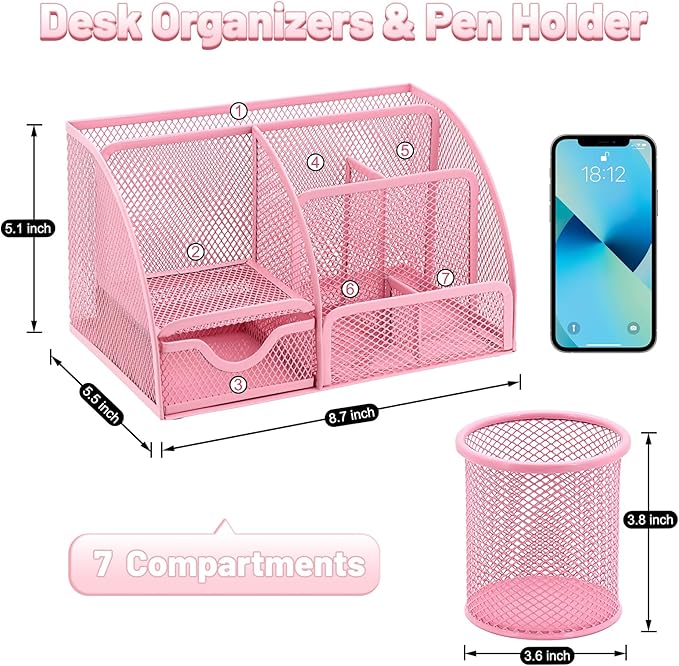 SYMDROMIA 13-in-1 Office Desk Organizer Set with Stapler and Tape Dispenser, Pen Holder, Scissors, Ruler, Hole Punch, 2 Pens & More Desktop Accessories for Back to School Supplies (Pink)