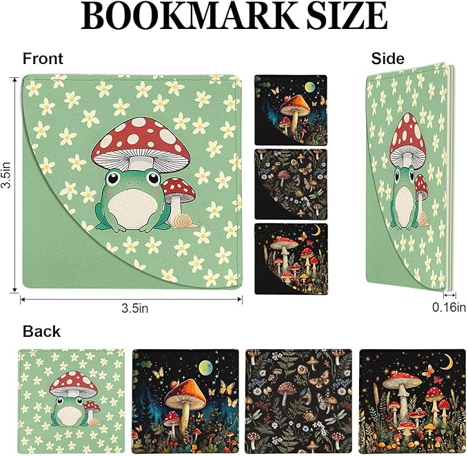 4PC Mushroom Corner Bookmarks, Fun Leather Bookmark Set, Book Accessories for Reading Book Lovers, Cute Page Markers for Women Girls Kids Student Teacher Office Stationery Boho Style