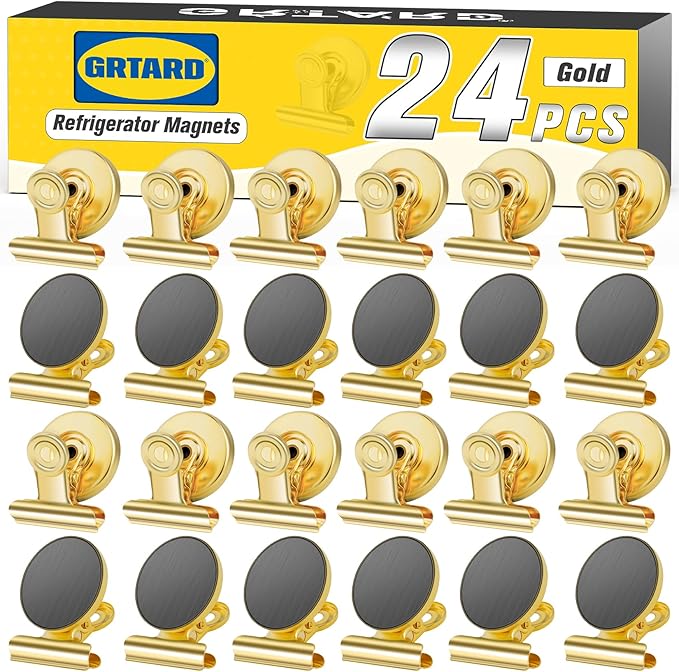 Grtard 24pack Luxurious Cute Gold Magnetic Clips, Strong Heavy Duty Scratch Free Refrigerator Magnet Clips, 24 Count
