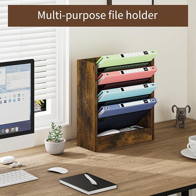 Wall File Organizer with 4 Hooks,5 Tier Vertical Hanging Wall Mount File Holder,Desk File Organizer,Desktop Mail Paper Folder Holder Rack with Bottom Tray for Office and Home