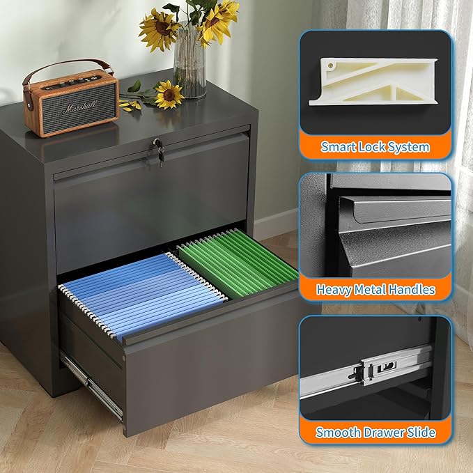 2 Drawer Locking Filing Cabinet Heavy Duty Large Metal Cabinets Black Home Office Lateral File Cabinets Wide Steel Cabinet for Legal/Letter Size File,Assembly Required