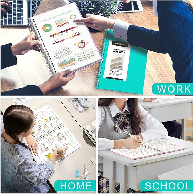 AHGXG Bullet Dotted Journal Spiral Notebook - Large A4 Dotted Notebook 8.5''×11'', 300 Pages Dot Grid Notebook, 100gsm Thick Paper, Plastic Hardcover, with Journal Stencils - Lake Blue