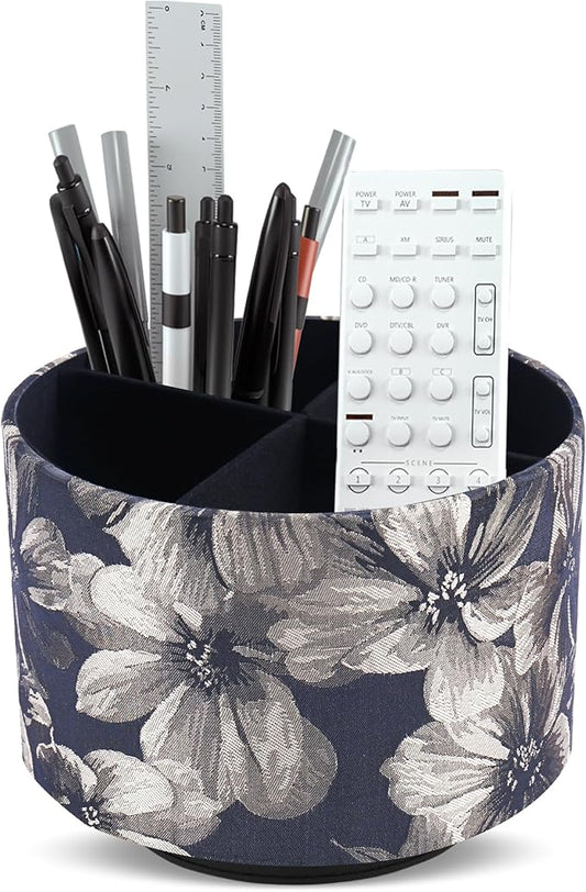 QIELIZI Round Leather Art Supply Organizer,Remote Control Holder,360 Degree Rotating,Multi-Functional Pencil Holder,4 Compartments Desktop Stationary Organizer(1-Dahlia Yellow)