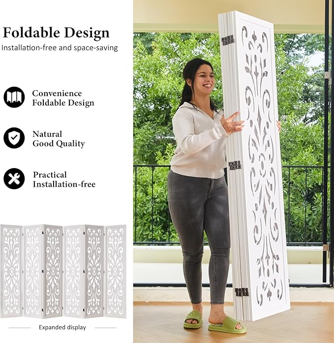 5.6Ft Room Divider Folding Wood Classical Carved Partition Screen for Home Office Garden - 6 Panels (White)