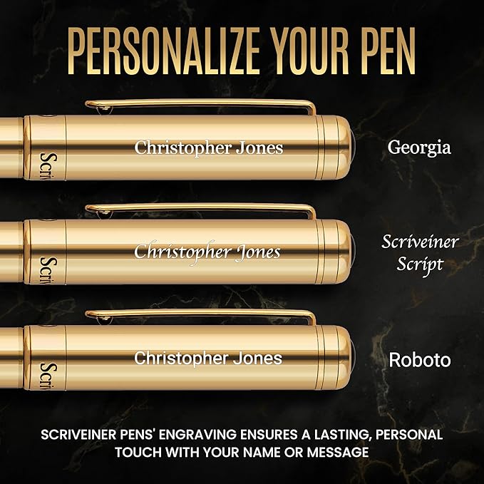 Scriveiner Personalized Gold Rollerball Pen - Stunning Luxury Pen, Real Gold Plating, Schmidt Ink Refill, Best Engraved Roller Ball Gift Set for Men & Women, Custom Name Engraving