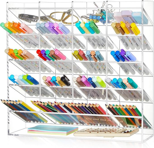 Acrylic Pen Organizer Storage for 250 Markers Vertical Marker Organizer Acrylic Pen Display Holder for Office Desk Desktop Stationery Pencil Storage, Clear, 13 x 4 x 12.4 Inch