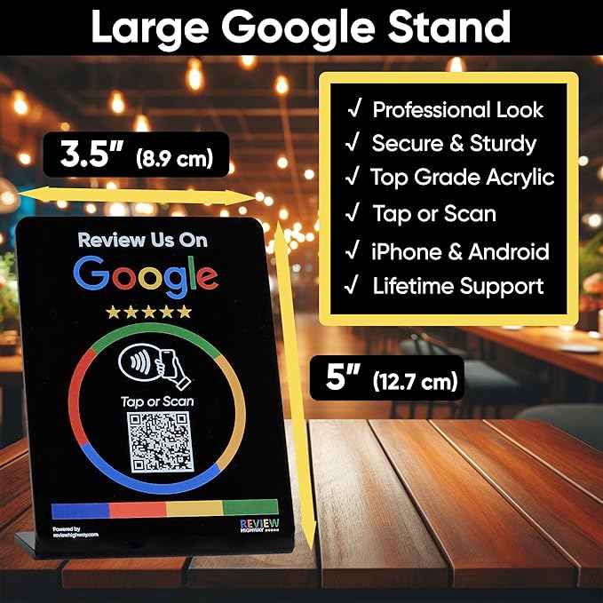 NFC Tap Stand (6-Pack) by Review Highway - Compatible with Google Reviews - NFC Tap & QR Scan for Instant Reviews - Boost SEO - iPhone/Android Compatible – Reusable and Zappy Fast (Black, 6 Stands)