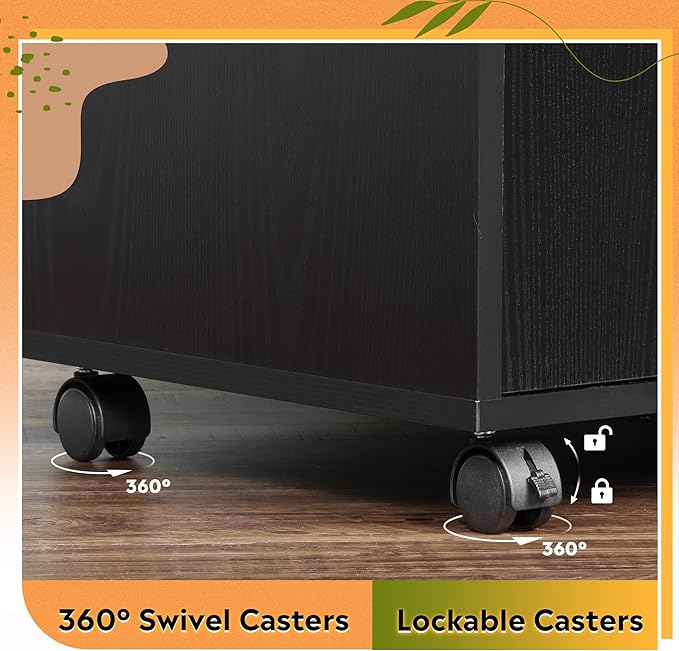 DEVAISE File Cabinet with Charging Station, 1-Drawer Lateral File Cabinets with Lock for Home Office, Wooden Rolling Printer Stand with Shelves, Black