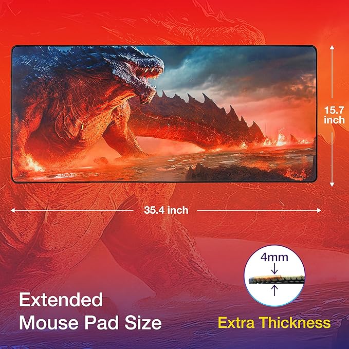 GUNMJO Dragon on fire Extended Gaming Mouse Pad, Ultra-Smooth Surface for Pixel-Precise Mouse Control, Durable Anti-Fray Stitching, Non-Slip Rubber Base, for Gamer, Office & Home, Light & Portable