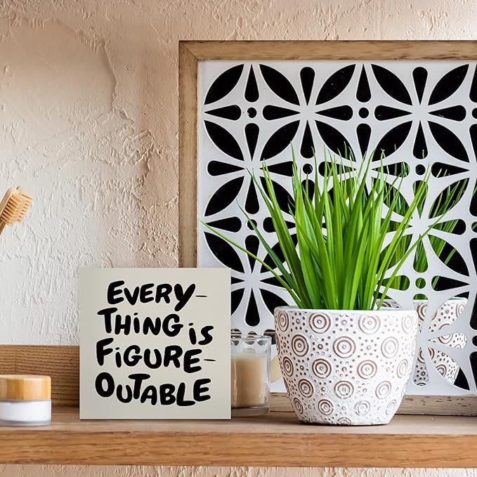 Inspirational Office Decor, Every Thing is Figure Outable Motivational Office Accessories Wooden Box Sign, Motivational Gifts for Women, Men Wall Desk Shelf Tabletop Decoration 5x5In