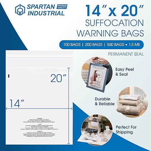 Spartan Industrial - 14” X 20” (100 Count) Self Seal Clear Poly Bags with Suffocation Warning for Packaging, Clothes & Shipping - Permanent Adhesive