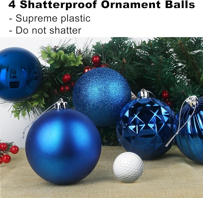 Royal Blue Set of XL (4.0") 4PCS Christmas Balls - Christmas Tree Decoration Ornaments Shatterproof Hanging Balls for New Year Easter Valentine Holiday Decorations