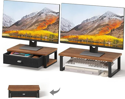 WOHOMO Dual Monitor Stand Riser with Drawers, Desk Organizers for 2 Monitors, Desktop Storage Stand for Computer,Laptop,Walnut