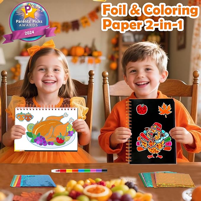 FUNNYB&G Foil Art Craft Activity for Kids - Thanksgiving Crafts Gift Bags for Kids Autumn Harvest School Party Favors Birthday Gifts Goodies Stuffers for Girls Boys 4 5 6 7 8 9 Years Old(Thanksgiving)