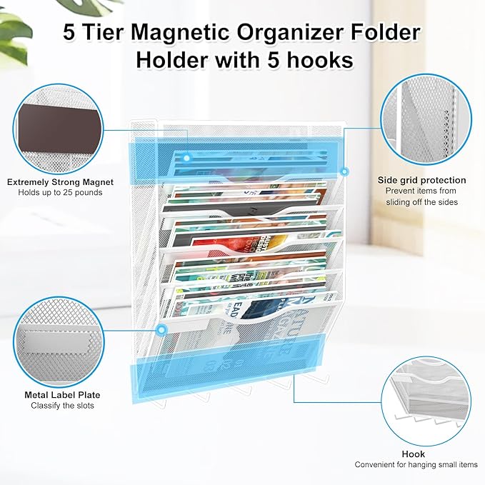 6 Tier Magnetic File Holder with Hook, Magnetic File Organizer Folder Holder, Wall File Organizer, Hanging Magnetic Paper Holder for File Cabinets, Office, Whiteboard, Magnetic Mail Holder